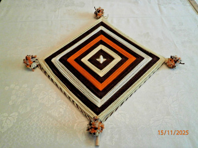 1970s Mandala Wall Hanging  Eye Of God  Boho Pom Poms Yarn Medium 14''; Preowned