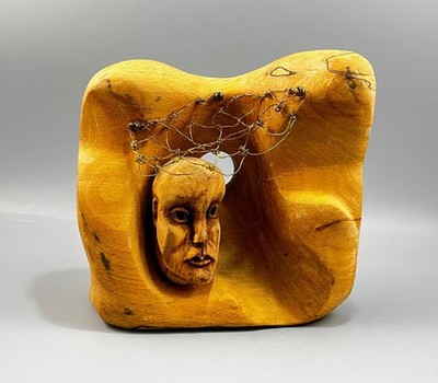 Vintage Hand Carved Wood Human Face w/ Wire Detail Sculpture 6'' x 6'' Signed EP