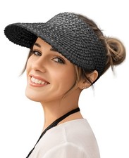Womens Straw Sun Visor, Packable Beach Hat, UV Protection, UPF 50 , Ponytail