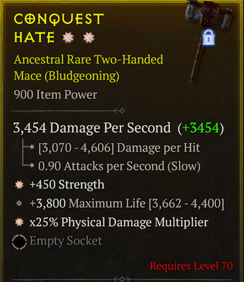  DIABLO 4 SEASON 13 LoH Two Handed Mace 2GA Strength + PhysDmg + Life  GGEX
