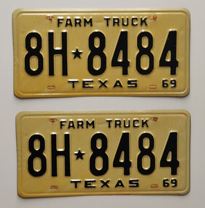 Pair of Vintage 1969 Texas Farm Truck License Plate  "8H  8484"  New Old Stock
