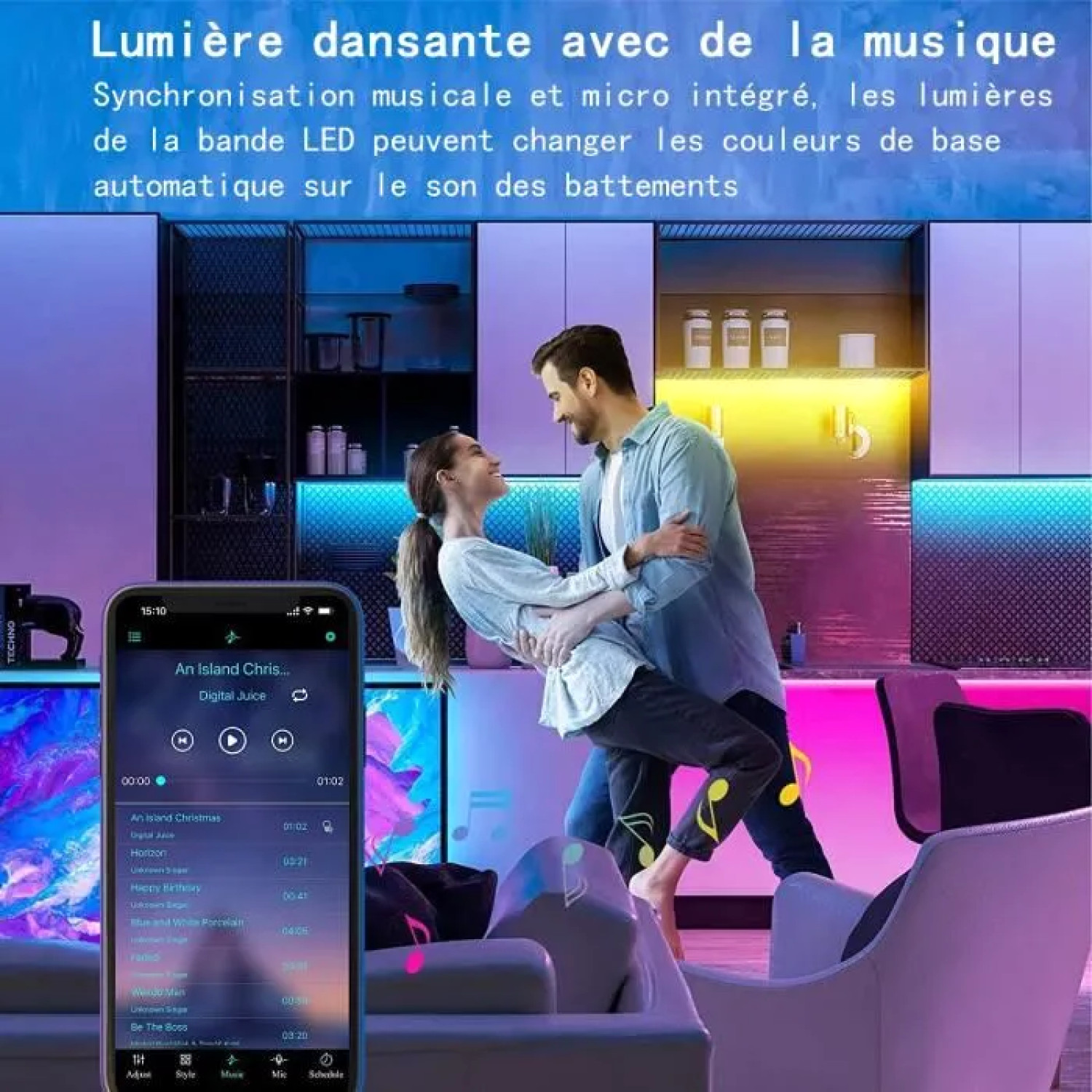 Ruban LED 20M RVB haute densité flexible avec application Bluetooth et télécommande 44 touches