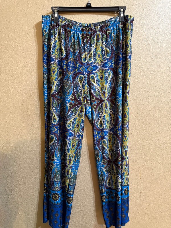 MELISSA PAIGE WIDE LEG PALAZZO PANTS SZ 2X BROWN TEAL PRINT STRETCH PULL ON