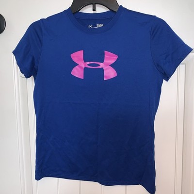 Girls YLG Under Armour Royal Blue w Purple Logo S/S Dri-fit Loose T-shirt EUC!