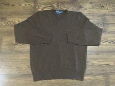 Polo Ralph Lauren Mens LS Sweater 100 Lambswool Knit V-Neck Brown Large