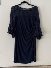 Adrianna Papell Navy Lace Sequin Midi Dress Wedding Guest Formal Evening Size 10