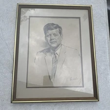 Vintage JFK Portrait Lithograph Framed Jack Kennedy Art Print Signed Louis Lupas