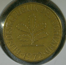 WORLD COIN SALE--1972-J  GERMANY  10 PFENNIG--BRASS PLATED STEEL COIN-KM# 108