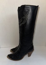 VTG Dingo Black Leather Western Boots Womens 7.5 M Eagle Stitching Gold Studding