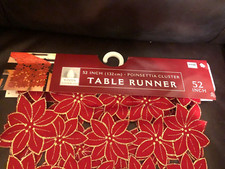 WINTER WONDERLAND TABLE RUNNER WITH RED POINSETTIA CLUSTER 52 INCH
