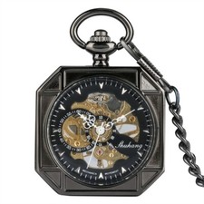 Steampunk Mens Mechanical Pocket Watch Octagon Skeleton Hand-winding Chain Gift
