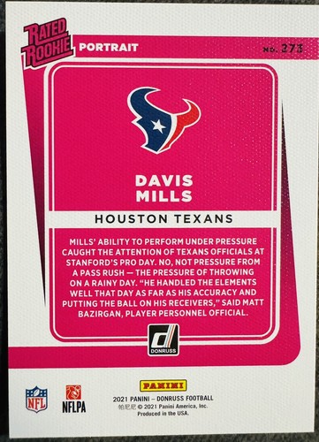 Davis Mills 2021 Panini Donruss Rated Rookie Card RC Portrait Variation #273 - Picture 2 of 2
