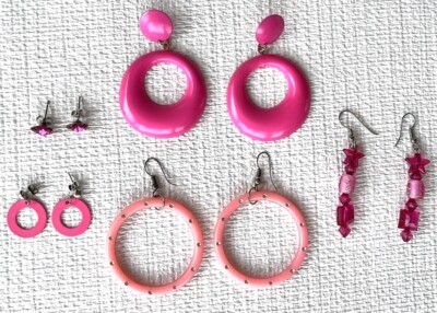 Pink Earrings Lot 5 Pair, Mostly Dangle, Pierced