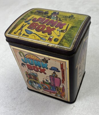 Vtg  Junk Box   Collectible Tin w/ Hinged Lid  Made In England 1982
