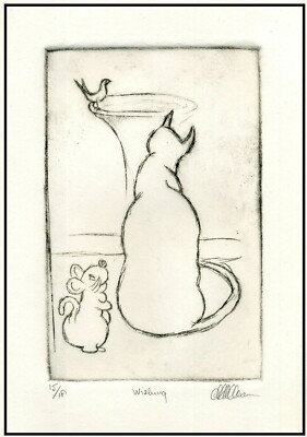 CAT WISHING at BIRDBATH; Bird and Mouse.  Original EXPRESSIONIST ETCHING Signed