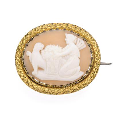 #ad Antique Gold Plated Cameo Psyche Presenting Flowers to Lion Brooch $295.00