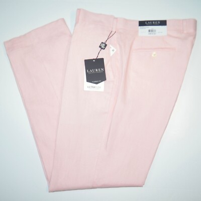 NWT RALPH LAUREN Classic Fit 100% Linen Flat Front Pink Dress Pants 36 x 32