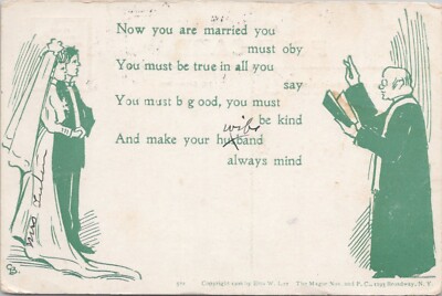 Comic PC Marriage Scene Priest Reading Vows ''Must Obey'' 1906 Etta Lee Ithaca NY