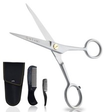 5in Beard Mustache Scissors Hand-Forged Steel with Combs Pouch Silver