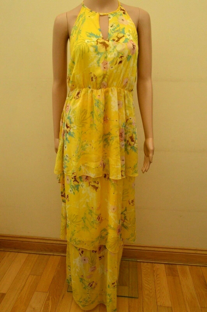 New Lipsy Yellow Floral Chiffon Tiered Maxi Dress Sz UK 12 eBay