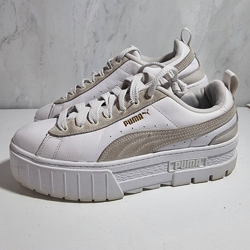 PUMA Mayze White Leather Lace-Up Platform Trainers Ladies UK 6.5  - Picture 1 of 12