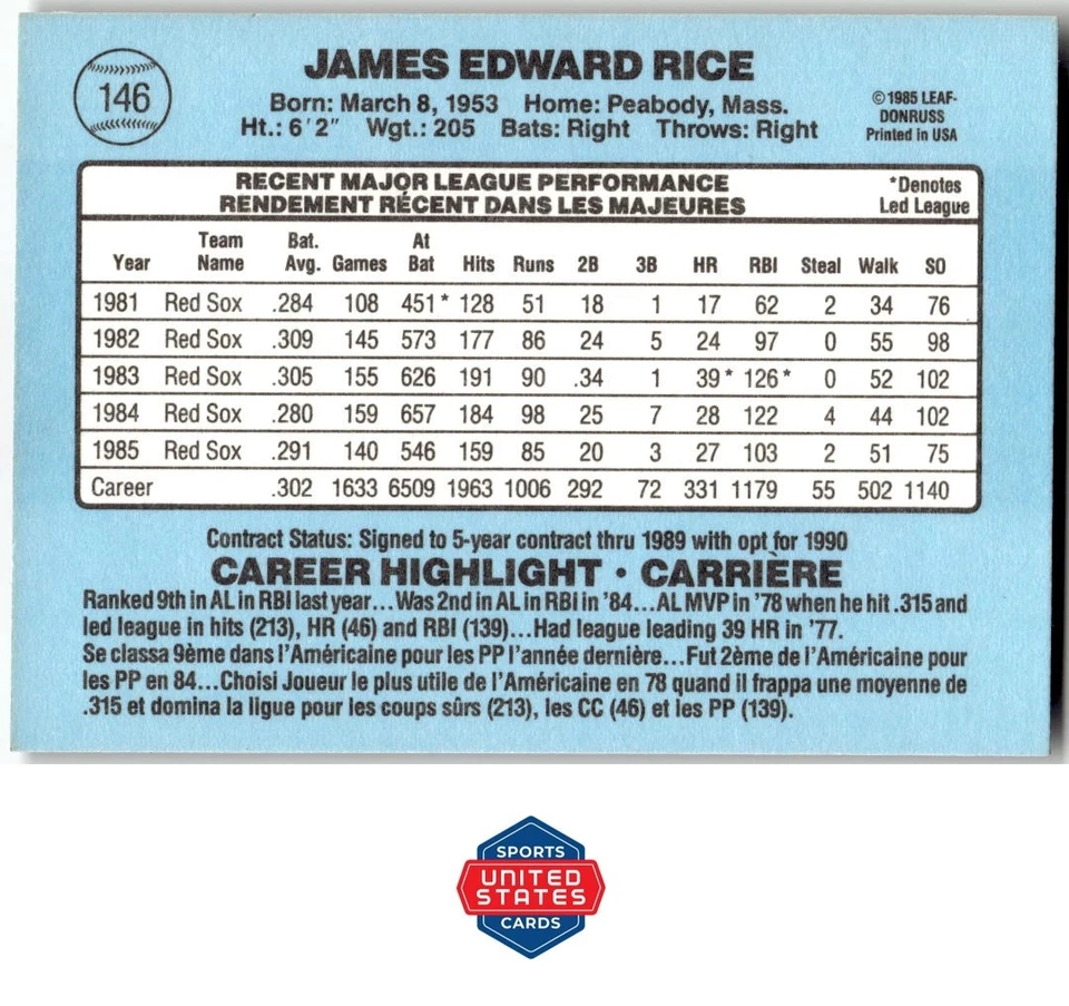 1986 Leaf #146 Jim Rice - Image 2 of 2