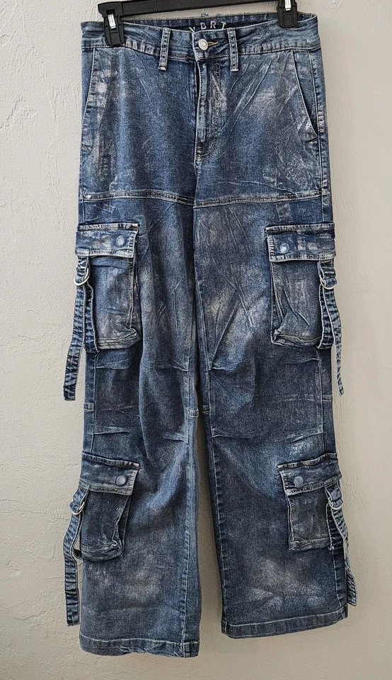 Pantalones de mezclilla cargo metálicos vibrantes VBRT para mujer talla pequeña bolsillos anchos para piernas Foto 2 de 4