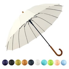 48" Windproof Stick Umbrella with Classic Wood Handle - Auto Open, Solid Color