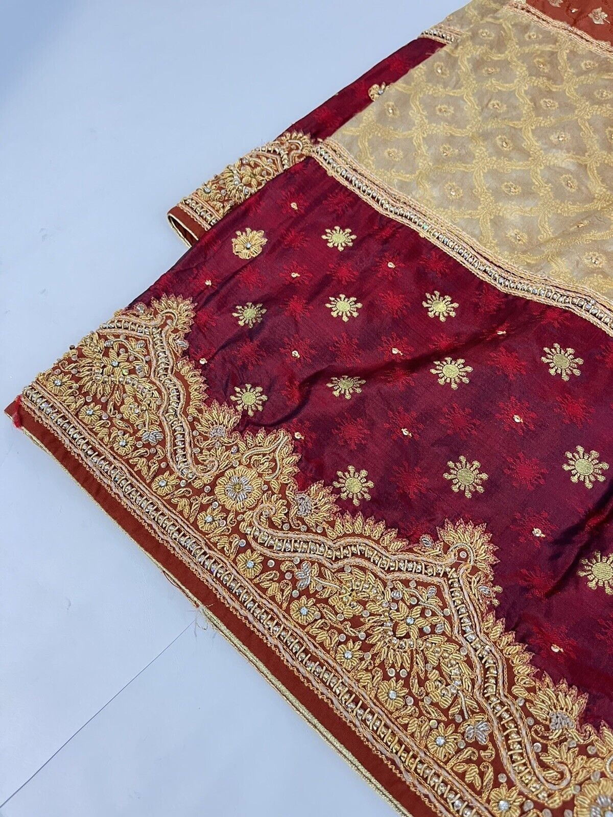 Heavy Dupatta Pure Satin Silk Dark Red Gold Hand Beaded Stole