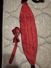 Men's Red Geometric Pattern Cummerbund and Matching Bow Tie Set