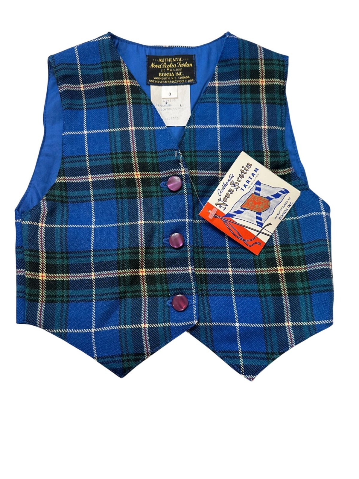 Vintage Nova Scotia Tartan Vest  Size 3 Bonda Inc. Officially Licensed Wool