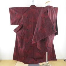 Tsumugi kimono Ansemble Silk Geometric and floral Black 62.6inch Women's