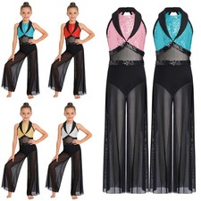 US Girls Sparkly Lyrical Dance Leotard Jumpsuit Cha-cha Gymnastics Performance