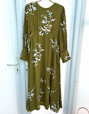 M&S Khaki Floral Midi Dress Round Neck 3/4 Sleeve Button Belted Size 14