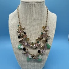Beaded Statement Bib Necklace Gold Pink Green Beads 16” Beautiful Sparkle
