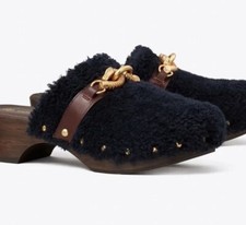 Tory Burch Jessa Shearling Clog Navy With Gold Logo Plum Leather Trim Size 6