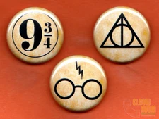 Set of three 1" Harry Potter symbols pins buttons 