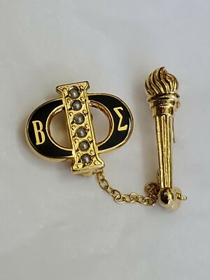 Beta Sigma Phi 2-Piece Pin W/ Chain & Torch Black & Gold Colored W/ Seed Pearls 