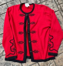 Vintage 1995 SUSAN BRISTOL Red Wool Blend Sweater Sz S embroidered Black