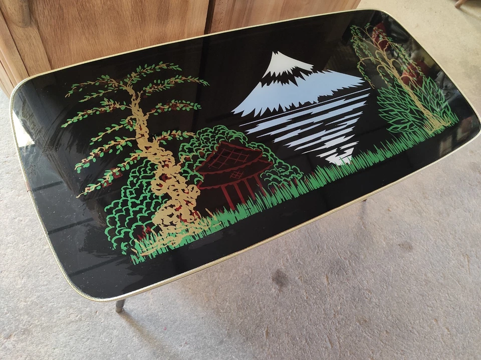 Ancienne Table basse Style Asiatique, Japon Pieds compas 90,5 x 44cm par 43,5cm - Photo 3/4