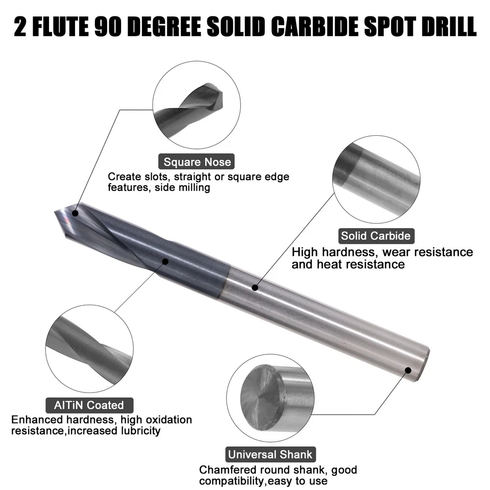 5 шт. 2 флейты 1/4 дюйма x 3/4 дюйма x 2-1/2 дюйма 90 градусов твердосплавная точечная дрель - с покрытием AlTiN - Изображение 2 из 4