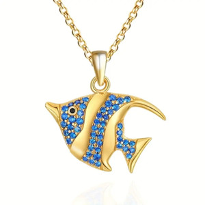 Authentic Marine Animals Blue Fish Rhinestones Gold Plated Necklace Holiday