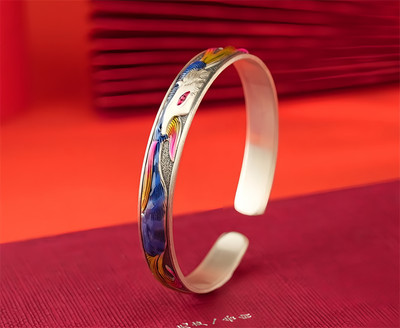 999 Sterling Silver Enamel Classic Vintage Fox pattern Solid Bracelet And Ring