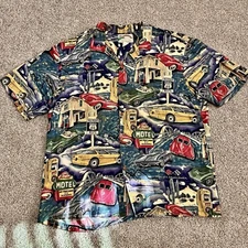 Paradise Found VTG Muscle Cars Mens Button Front Aloha Multicolor Shirt Rayon XL