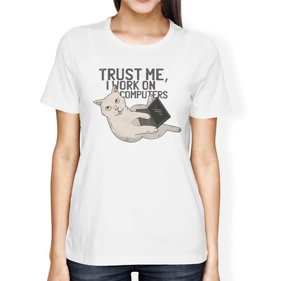1Tee Damen T-Shirt Loose Fit Cat Trust me I work on computer