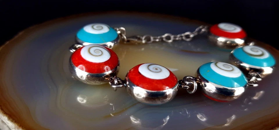 Armband Silber 925 Türkis Achat Muschel - außergewöhnlich & plakativ - Bild 2 von 4