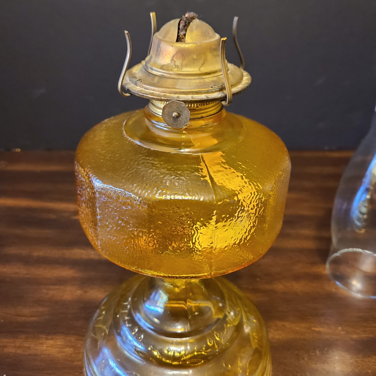 TALL Amber Glass Oil Lamp Eagle Burner original* chimney 21.5" Vintage