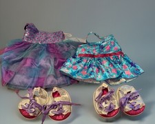 Two Build A Bear Party Dresses And Shoes, Sequins Tulle And Shiny Material.