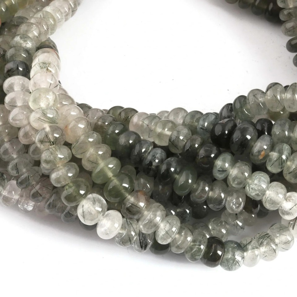 1 Strand Black&Green Rutile Smooth Rondelles Beads Green Rutile