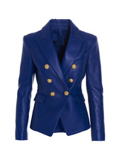 New Genuine Button Party Jacket Real Sheep Leather Blue Style Women Blazer Coat